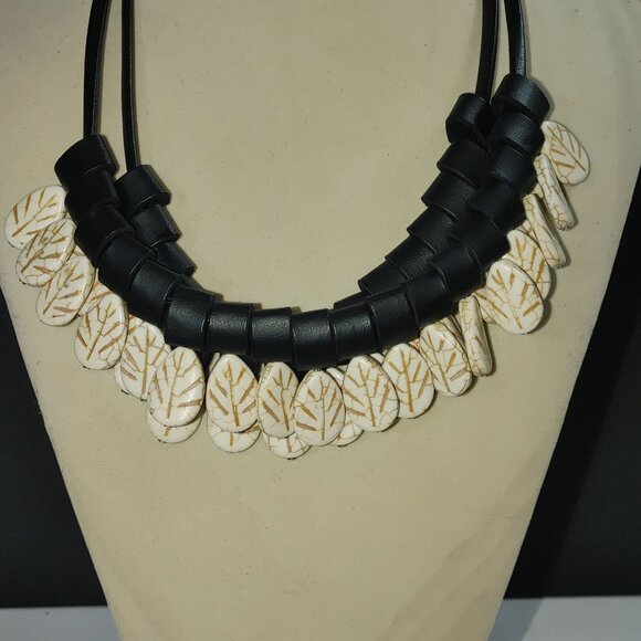 Tribal Necklace Black Tube Leather Stone White Leaf Beads Boho Statement Jewelry - Picture 3 of 15